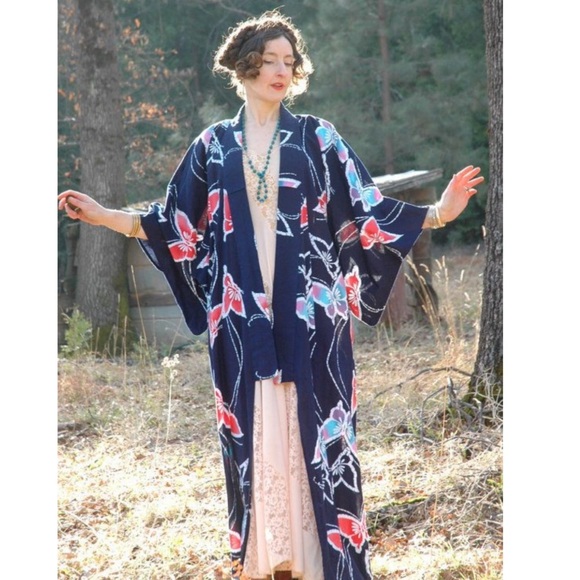 Made in Japan Other - Japanese Floral Kimono Yukata Cotton Long Robe Navy Blue Red Morning Glory